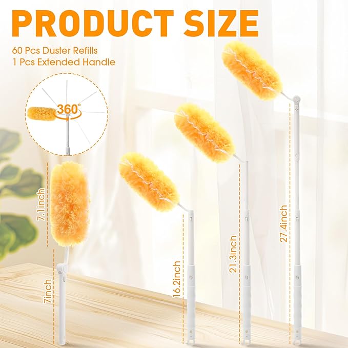 60 Pcs Heavy Duty Duster Refills with One 3 ft Retractable Handle 360° Heavy Duty Dusting Kit Multi-Surface Duster Refills Disposable Microfiber Dusters Feather Kit
