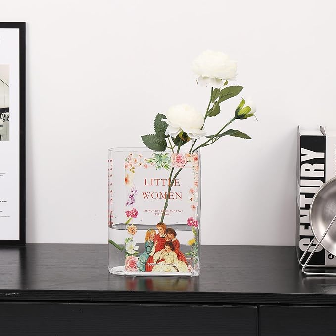 Book Vase for Flowers, Glass Book Vase, Book Flower Vase, Clear Book Vase, Book Shaped Vases, A Book About Flowers Vases for Bedroom, Living Room, Office, Bookshelf (Women)