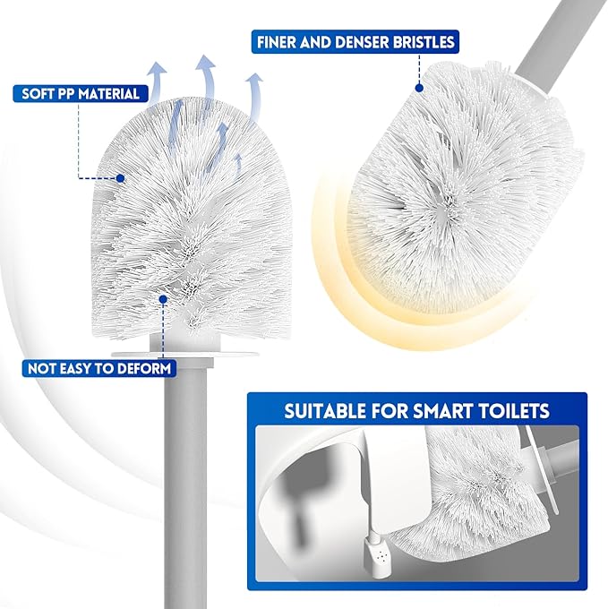 Toilet Brush, Toilet Bowl Cleaners Brush with Hidden Holder, Long Handle, Durable PP Bristles, Modern RV Bathroom Accessories, Deep Cleaning, Wall mountable. - Grey