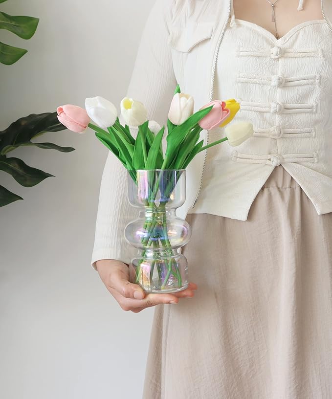 JSPYFITS Glass Hydroponic Flower Vase, 7 Inches Colored Glasses Bubble Vase for Flower, Three-Layer Glass Funky Vases for Home/Office/Weddings/Party Table Flowers Decor (Iridescent Clear)