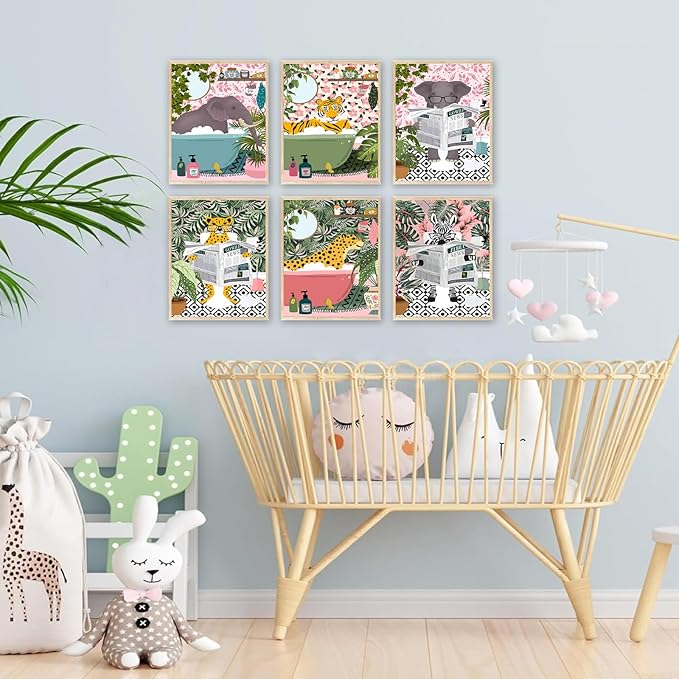 Funny Cute Canvas Art Wall Prints Set of 6, Kids Bathroom Decor Wall Art with Elephant, Zebra, Tiger Animal Pictures, Modern Humor Animals Bathroom Decor
