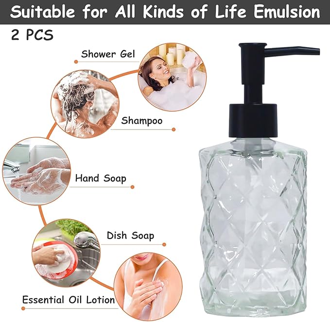 Crystal Clear Glass Soap Dispenser with Black Pump, 2 Pack 12oz Diamond Hand Dispenser, Refillable Lotion Dispenser & Dish Soap Dispenser, Bathroom Soap Dispenser for Liquid, Shower Gel