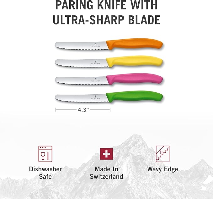 Victorinox Swiss Classic Paring Knife Set - Superior Kitchen Knives for Cutting Fruit, Vegetables & More - Cooking Knives for Kitchen Accessories - Multicolored 4-Piece Set, Serrated Edge, 4.3"