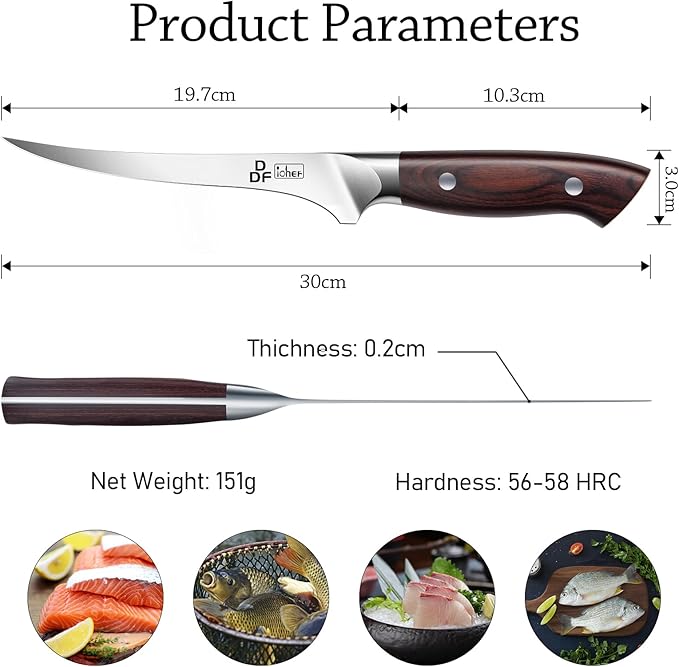 DDF iohEF Fillet Knife 7 Inch Professional Boning Knife High Carbon Japanese Stainless Steel Fish Knife with Full Tang Ergonomic Handle for Meat Cutting Trimming
