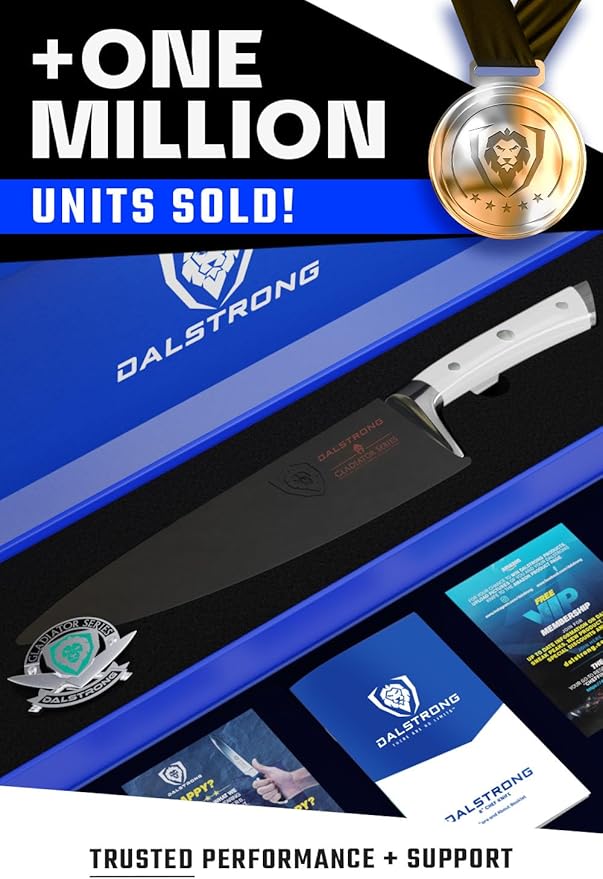 DALSTRONG Chef Knife - 8 inch Blade - Gladiator Series - Forged High Carbon German Steel - Razor Sharp Kitchen Knife - Professional Full Tang Knives - Glacial White Handle ABS - Sheath - NSF Certified