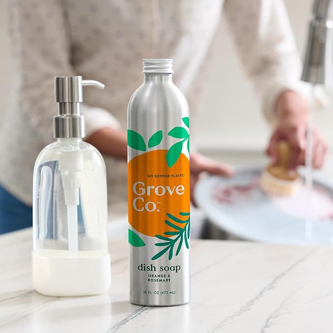 Grove Co. Ultimate Dish Soap Refills (3 x 16 Fl Oz) + Refillable Glass Dish Soap Dispenser for Kitchen Sink with Non-Slip Silicone Sleeve, Plastic Free Cleaning Products, Orange & Rosemary