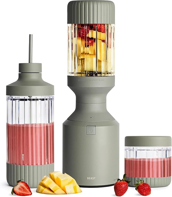 Beast Mega 1200 Plus | Premium Countertop Blender | Smoothies, Shakes, Sauces, Dips, Soups | Blends Ice and Frozen Fruit | XL Vessel | With Extra Vessels, Straw System | 1200W | (Sage, 120V)