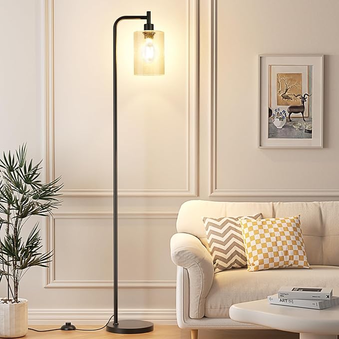 Floor Lamps for Living Room - Standing Lamp with Seeded Glass Shade, Modern Floor Lamp with LED Bulbs, Industrial Floor Lamp for Bedroom, Black Tall Lamp for Office(Light Bulb Included)