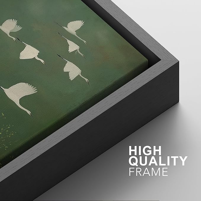 SIGNFORD Framed Canvas Print Wall Art Set Flight of Cranes Elegant Birds in Soft Green Hues Illustration Modern Art Decorative Nordic Nature for Living Room, Bedroom, Office - 16"x24"x2 Black