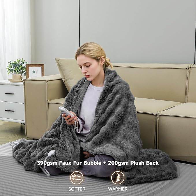 Heated Blanket Electric King- 100"x90" Soft Thick Bubble Electric Blanket for Sofa with 5 Heat Levels & 10 Hours Auto-Off Overheat Protection, Warm Cozy Gifts, Light Grey