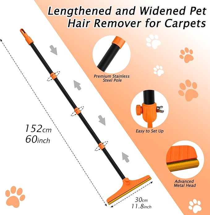 Carpet Rake for Pet Hair Removal - Reusable Pet Hair Remover, 60” Adjustable Long Handle Cat Dog Carpet Rake Scraper, Dog Hair Rake Brush for Rugs, Mats, Couch