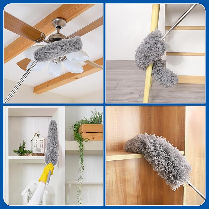 Feather Duster with 30-100 Inches Adjustable Long Pole,Extendable Feather Duster for Cleaning Ceiling Chandelier,Furniture, Blinds and Furniture