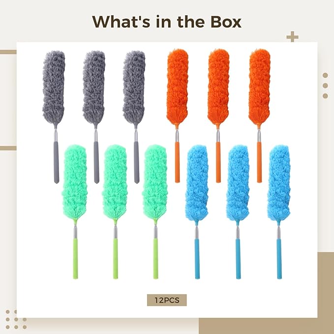 12 PCS Microfiber Feather Duster, 15 to 33 Inches Extendable Dusters, Metal Pole Ceiling Fan Duster, Washable Bendable Cleaning Duster Tool for Furniture Conditioner Window Office Car