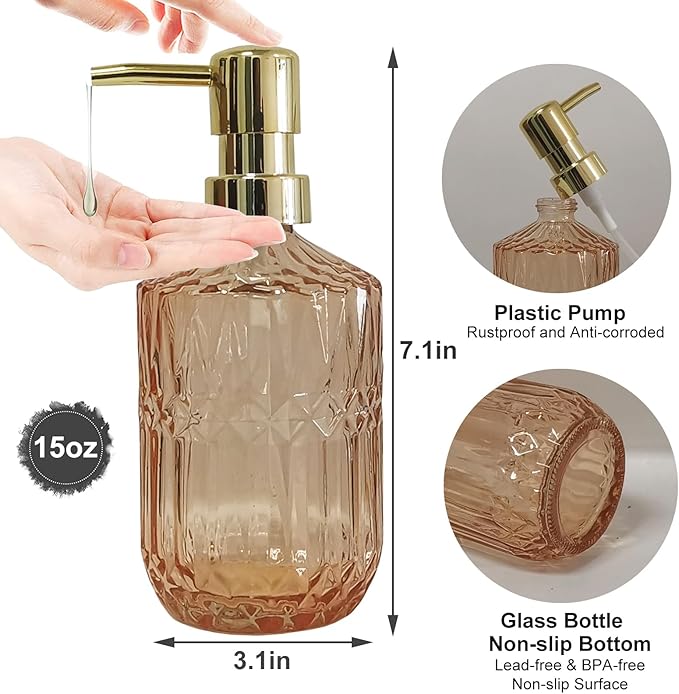 Glass Soap Dispenser with Gold Pump, 15oz Liquid Hand Dispenser, Refillable Lotion Dish Soap Dispenser for Modern Home Decor, Bathroom, Kitchen Countertop, Hotel(Amber)