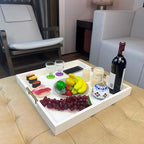 20x20 Inches Large White Faux Leather Wrapped Wood Ottoman Tray with Handles for All Occasions, Serving Food Breakfast on Bed, Home Decor Decorative, Living Room,Square Coffee Table Organizer