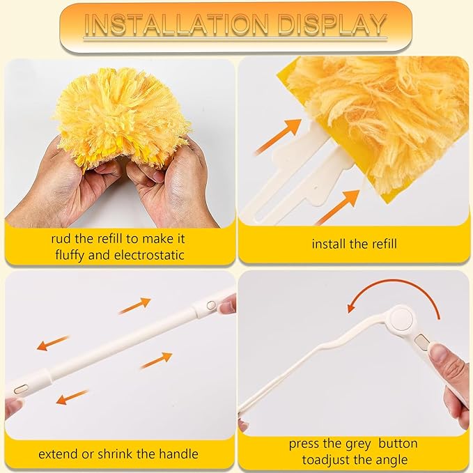 Duster Refills Compatible with Swiffer Duster, 360 Heavy Duty Multi Surface Duster Replacement with 1 Short Handle and 3FT Extenda Handle for Cleaning Furniture, Blind, Ceiling Fans(yellow-360-20pack)