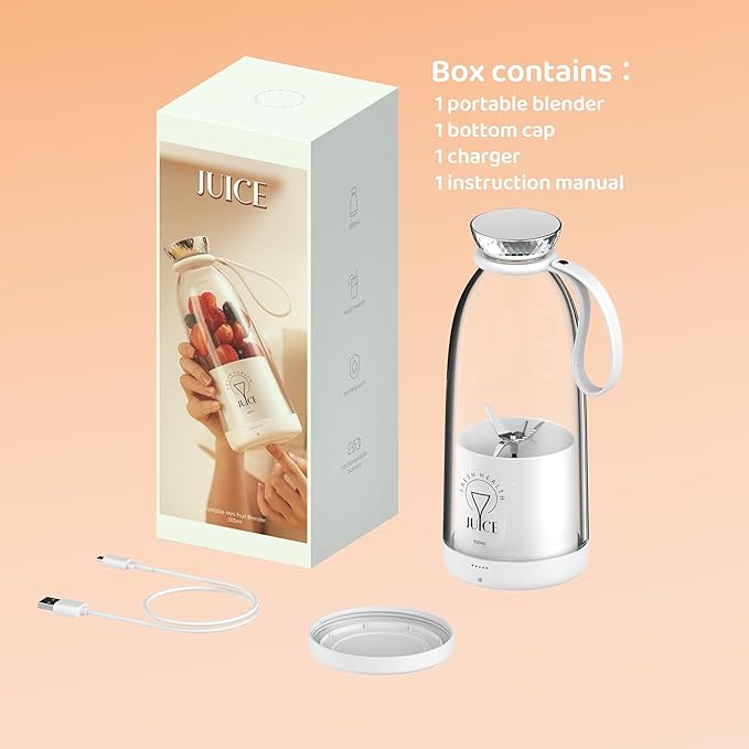 Portable Blender, Personal Smoothie Maker with 6 Blades, Rechargeable Mini Juicer Cup, 17 oz with Travel Lid for Outdoors, Camping, Office, Kitchen (White)