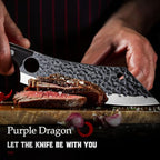 Purple Dragon Kitchen Knife 8 Inch Ultra Sharp Japanese Butcher Knife for Meat Cleaver Vegetable Cutting with Finger Hole Hand Forged High Carbon Steel Chef Knife Gifts for Father Dad
