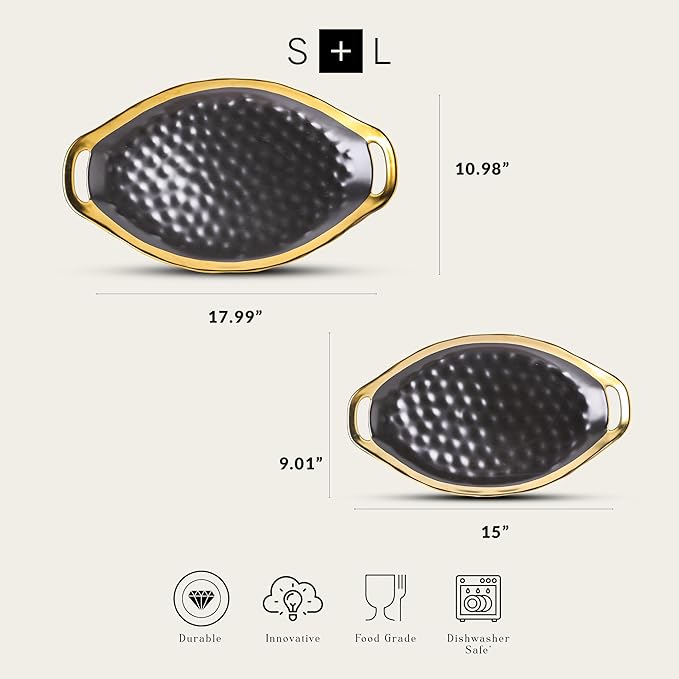 Stone Lain Florian Porcelain Large and Medium Oval Platters with Handle, Service Set, Black with Gold Rim