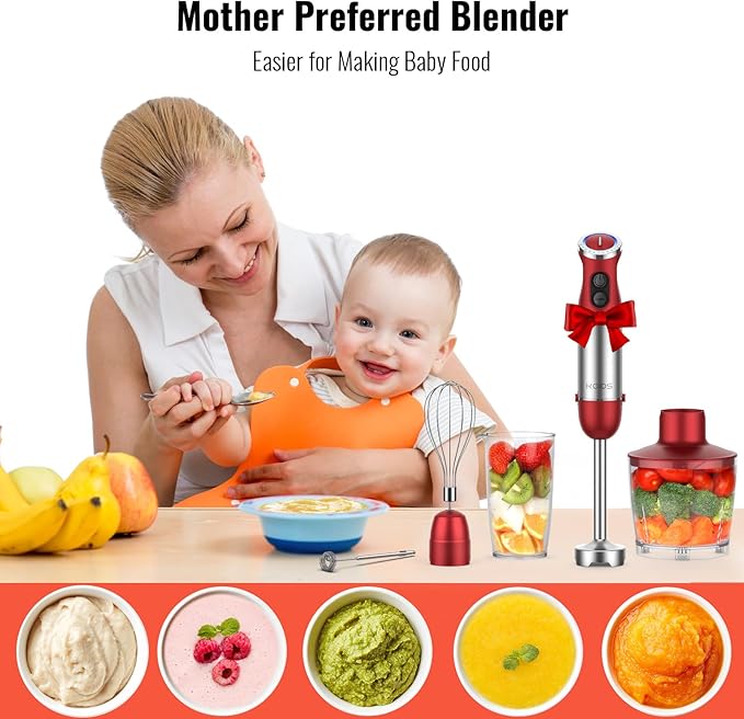 KOIOS 5-in-1 Hand Immersion Blender, 1000W 12 Speed Handheld Blender Stick with Copper Motor Stainless Steel Blade, 600ml Mixing Beaker,500ml Food Processor, Whisk, Milk Frother, Non-BPA, Red