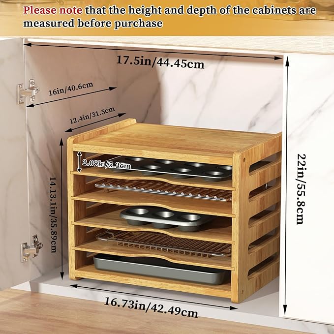 6 Tier Rubber Wood Tray Dividers for Cabinets, Heavy Weight Kitchen Vertical Tray Divider Organizer, Storing pans, Baking trays, Cutting Board(16.73" W x 14.13" H x 12.4" D)