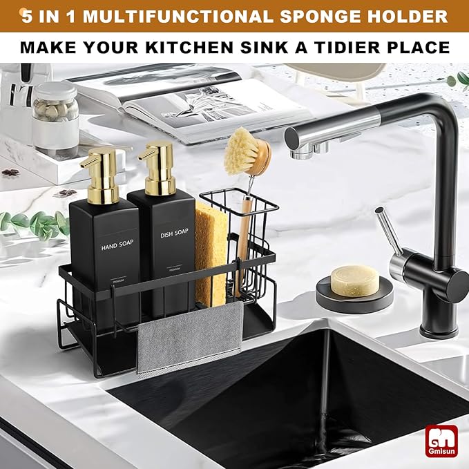 GMISUN Dish Soap Dispenser for Kitchen, 12 Fl oz / 350 ml Kitchen Soap Dispenser with Sponge Holder, Modern Black Glass Soap Dispensers with Gold Pump, Customized Hand and Dish Soap Dispensers Set