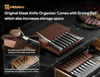 Steak Knives Set of 8 with Drawer Organizer Built-in Sharpener, 4.6 Inch Non Serrated Dinner Knife, Forged German Steel Damascus Pattern Straight Edge Meat Knife with Full Tang Handle, Black