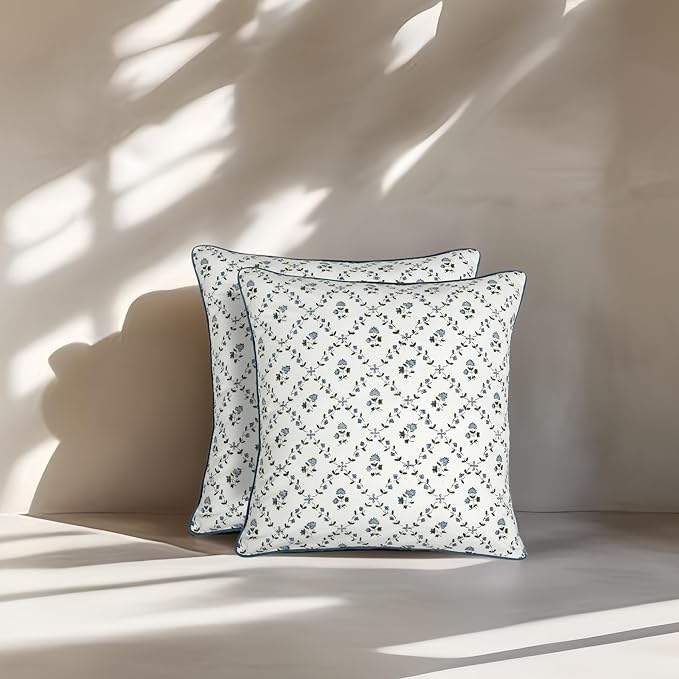 Ridhi Powder Blue Print Cotton Throw Pillow Covers for Decorative Couch Pillows for Living Room, Chic Boho Cute Outdoor Thanksgiving Ruffel Pillows Covers Gifts 16x16 Inches