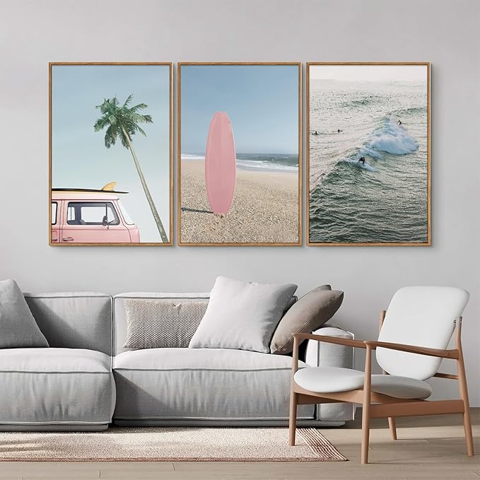 Tinonedraw Large Ocean Beach Framed Canvas Wall Art, Summer Coastal Surfboard Wall Decor, Palm Tree Pink Car Artwork, Modern Surfing Seascape Art Prints for Living Room Bedroom Office 24"x36"x3