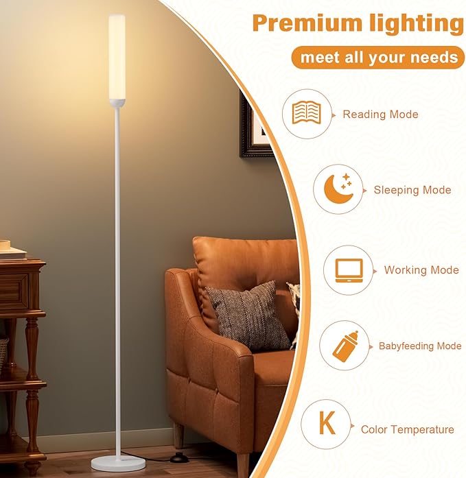 LED Floor Lamp with Remote Control, 65" Standing lamp with Stepless Adjustable 3000K-6500K Colors & 5%-100% Brightness, Foot Switch(White)