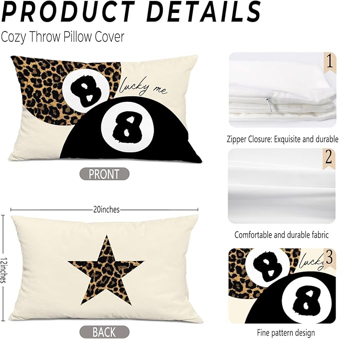 Leopard Star Lucky 8 Ball Throw Pillow Covers 20x12, Cheetah Print Room Decor, Trendy Funky Y2K Leopard Print Decorative Pillow Covers for Girls Room Dorm Apartment Home