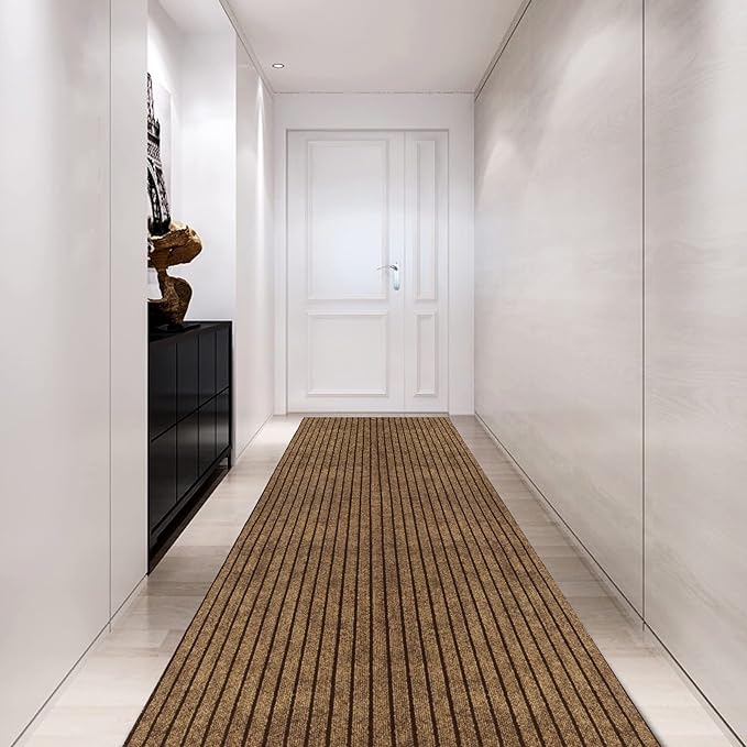Custom Size Backed Non-Slip Area Rugs Runner, Easy Clean, Waterproof Runner Rugs for Hallway Entryway, Kitchen, Laundry, 2FT x 77FT, Brown Stripe