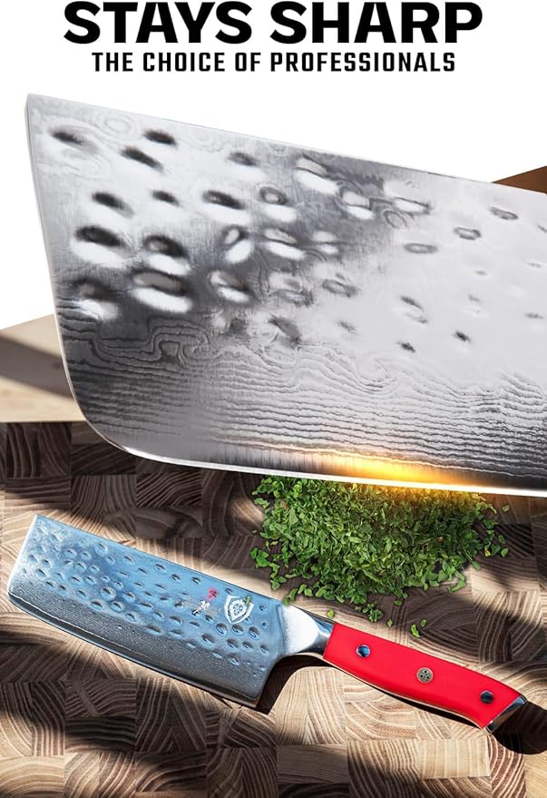 DALSTRONG Nakiri Knife - 6 inch - Shogun Series - Damascus Vegetable Knife - Japanese AUS-10V Super Steel Kitchen Knife - Vacuum Treated - Crimson Red ABS Handle - Razor Sharp Kitchen Knife - w/Sheath