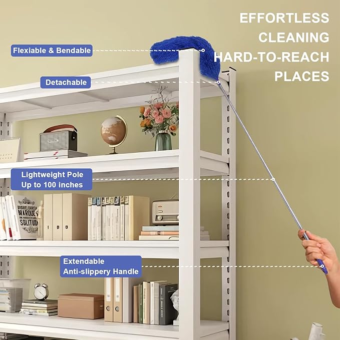 Dusters for Cleaning, 9 in 1 Kit 100” Feather Duster with Extension Pole, Retractable Bendable Washable, Cobweb Duster Chenille Gap Dust Brush Blind Duster for Cleaning High Ceiling Fans