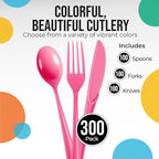 Party Solids Hot Pink Plastic Silverware Heavy Duty 300 Pieces Hot Pink Plastic Cutlery Sets, Utensil Sets, 100 Of Each Forks, Knives & Spoons Disposable Cutlery Set, Flatware Set For Party Supplies