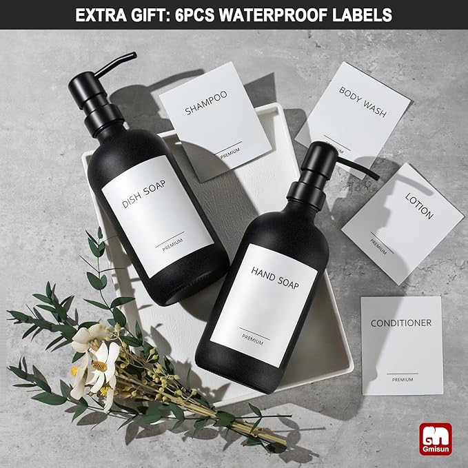 GMISUN Black Soap Dispenser, 2 Pack Matte Black Hand Soap Dispensers for Bathroom, 17 Fl Oz Glass Dish Soap Dispensers for Kitchen with Stainless Steel Pump, Modern Liquid Soap Bottle