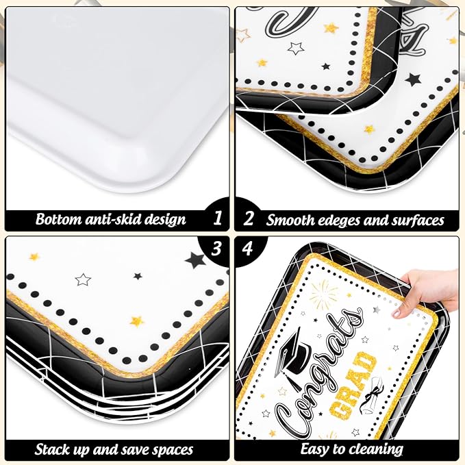 3Pcs Graduation Serving Trays 13 x 10 Inch Bachelor' s Hat Diploma Glitter Reusable Platter Congrats Grad Serving Dishes for Graduate Party Sharing Snacks Fruit Dessert