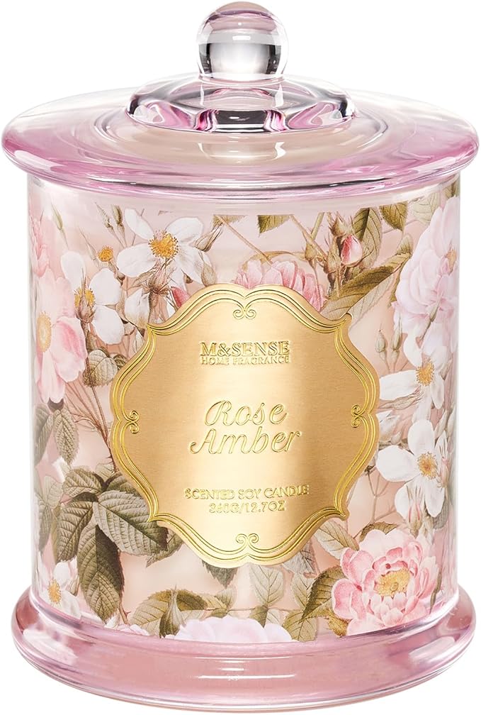 M&SENSE Rose Amber Candles for Home Scented, Organic Soy Candles Non Toxic, Double Wick 12.7oz Large Jar Candle 75 Hour Long Lasting Burn, Relaxing Aromatherapy Candle Gift for Women