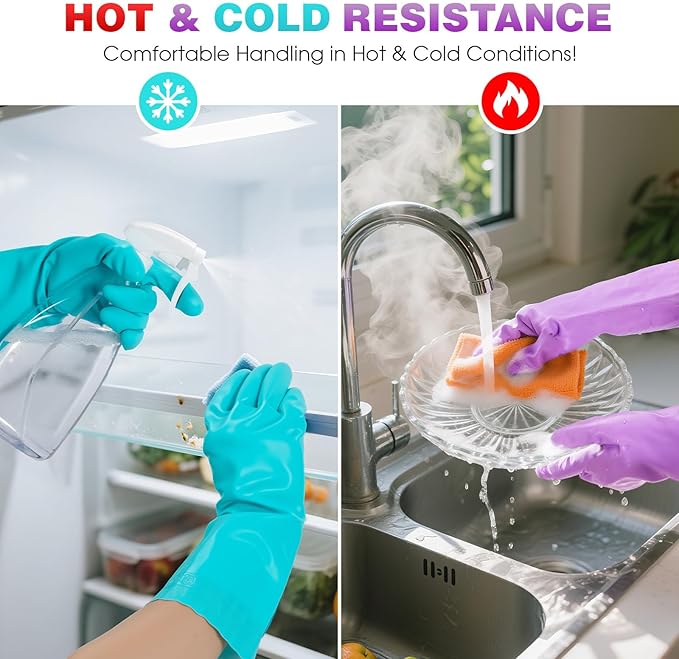 Elgood Reusable Dishwashing Cleaning Gloves with Latex free, Cotton lining,Kitchen Gloves 2 Pairs,Purple+blue large