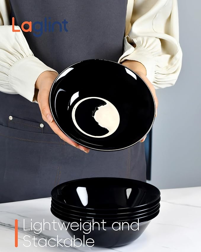 25OZ Cereal Soup Bowl Set of 4, Opal Glass 7.5 inch Black Bowls for Ramen, Noodle, Salad, Fruit, Dishwasher and Microwave Safe
