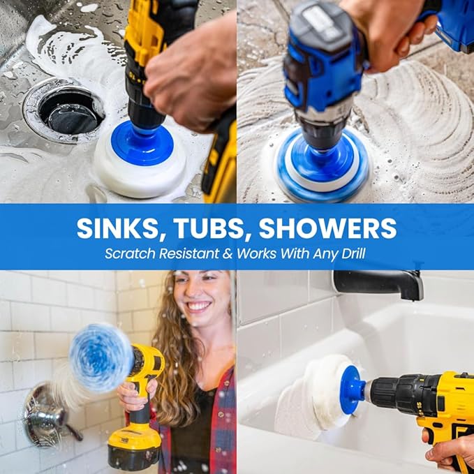 7 Pack Multi-Purpose Drill Brush Kit for Cleaning Bathrooms, Showers, Tubs, Tile, Floors, Sinks, Toilets, Grout and Grime Removal, Reversible Blue and White Scrub Pads