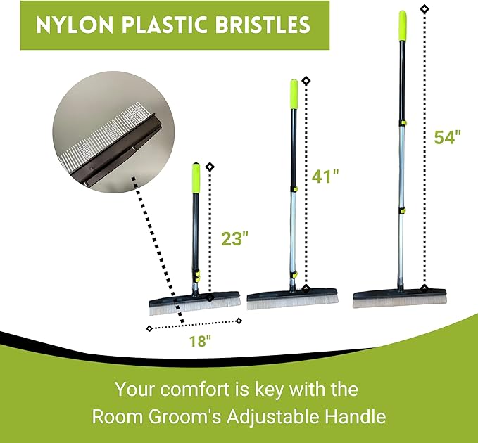 Room Groom Carpet Rake and Groomer with Telescoping 54 Inch Adjustable Handle, Portable Design, Carpet Brush Ideal for Pet Hair, Refreshing High Pile Carpets, Rugs, and Artificial Turf