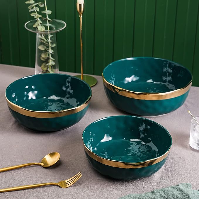 Stone Lain Florian Porcelain 3-Piece Round Bowl Service Set, Green with Gold Rim