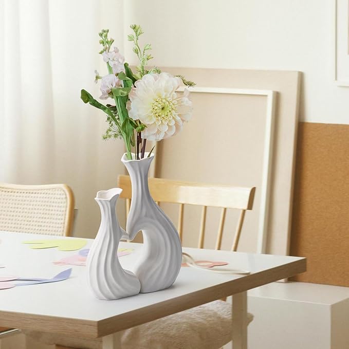 Ceramic Vases for Home Decor, Modern Heart Shaped Vase Set of 2, Matte Farmhouse Dried Fake Flowers Vase for Office, Living, Dining Room, Kitchen