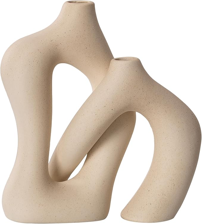 Ceramic Vase Set of 2, Farmhouse Decor Cream White Cute Vases for Home Kitchen Bedroom Office Living Room Centerpiece Table Shelf Desk Decorations, Housewarming Gifts for Women Men