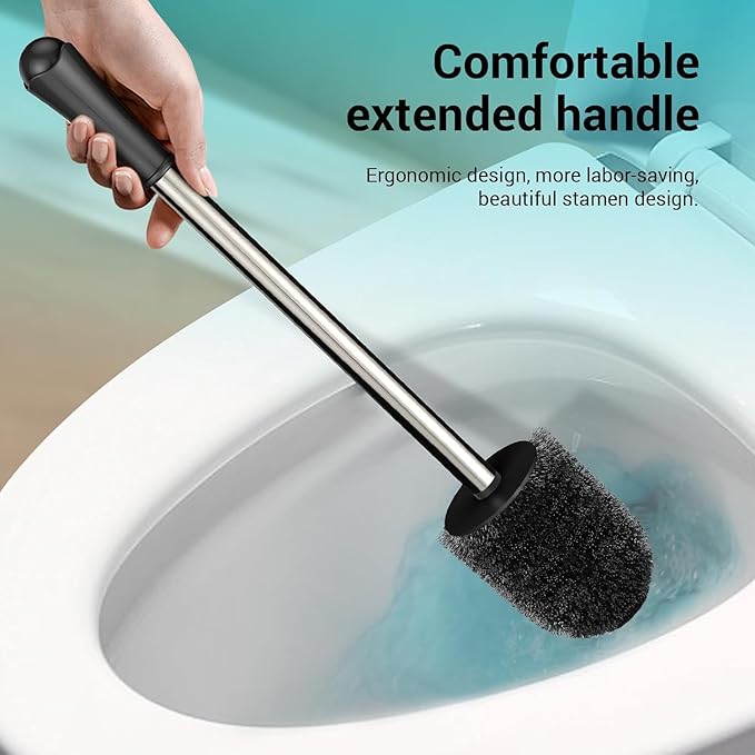 Compact Size Toilet Brush & Holder, 2 Pack, Stainless Steel Handle, Space Saving for Storage, Drip-Proof, Easy to Assemble, Black