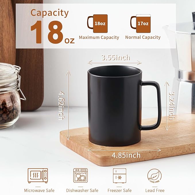 Jassceram Coffee Mugs Set of 6, 18 Ounce Porcelain Mugs for Latte, Hot Tea, Cappuccino, Cocoa and Milk, Ceramic Coffee Cups with Large Handle - Dishwasher & Microwave Safe, Matte Black