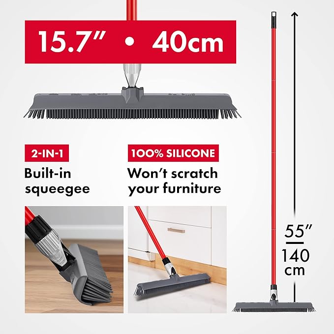 2-in-1 Silicone Rubber Broom Carpet Rake and Squeegee - Swivel Pet Hair Removal Broom with Long Handle - Slanted Side Bristles for Corners - Multipurpose Rubber Broom for Carpet, Hardwood Floor, Tile