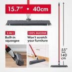 2-in-1 Silicone Rubber Broom Carpet Rake and Squeegee - Swivel Pet Hair Removal Broom with Long Handle - Slanted Side Bristles for Corners - Multipurpose Rubber Broom for Carpet, Hardwood Floor, Tile