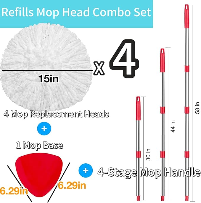 4 Pack Spin Mop Replacements Heads Compatible for O ceda EasyWring 1 Tank System, Microfiber Mops Head Refills , 1 Triangle Head Base and 30-58in Handle Set Combo